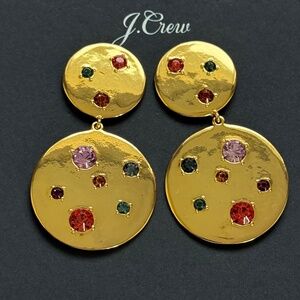 J. CREW Earrings Jewel Tone Glass Stones Post Gold Statement Preppy 2-1/4"